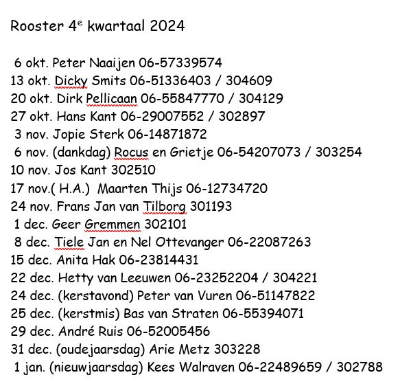 Rooster 4e kwartaal